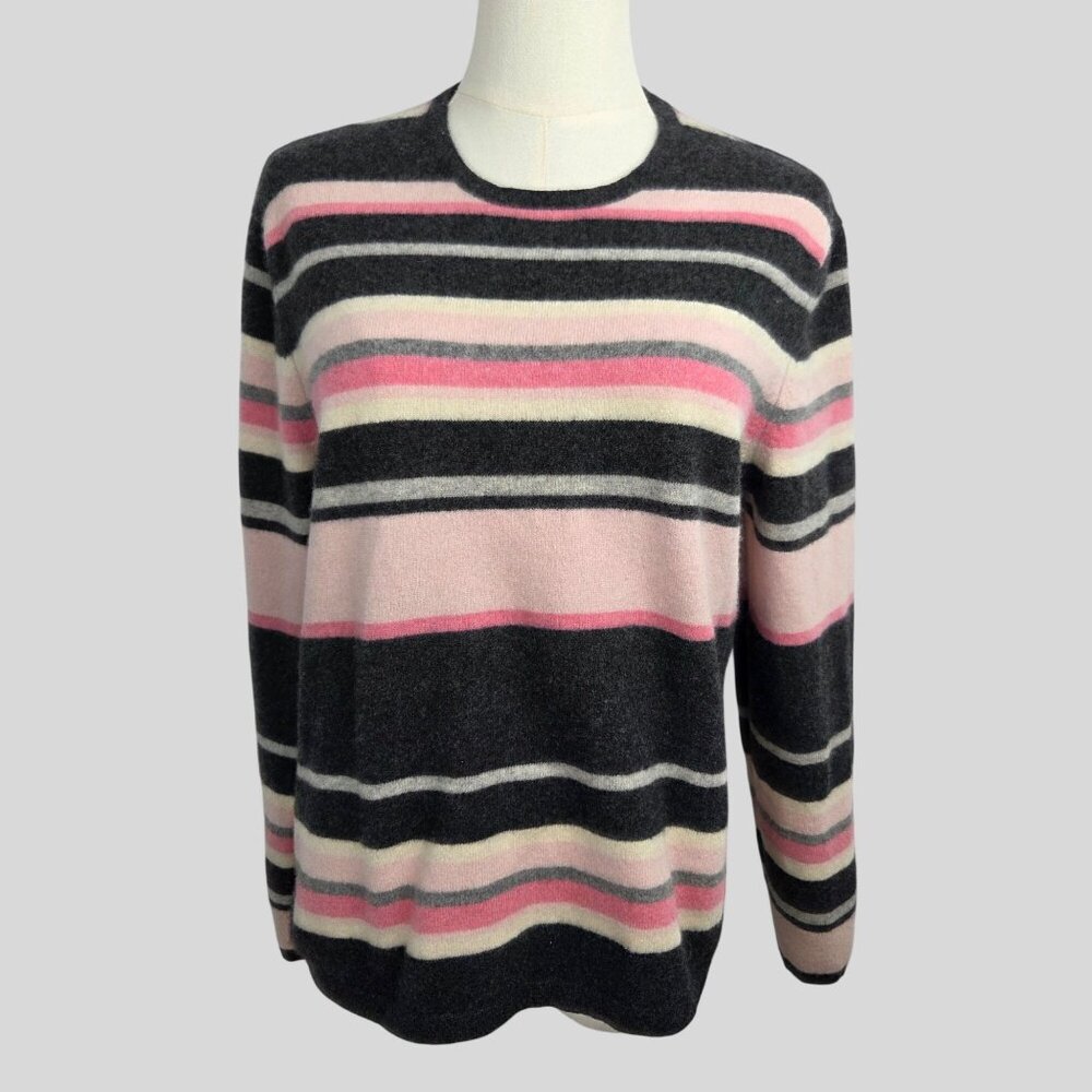 Prive 100% Cashmere Striped Sweater XL Pink Gray Crew Neck Coquette Soft Girl